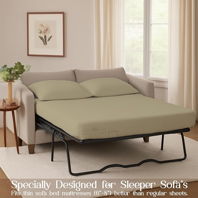 Sleeper Sofa 4 Piece Bed Sheet Set Premium Quality 100% Cotton 500 Thread Count, Smooth & Super Soft Sateen Weave, Extra Soft Bed Sheets, Wrinkle Free, 6 Inch Deep Pocket (Queen, Beige)