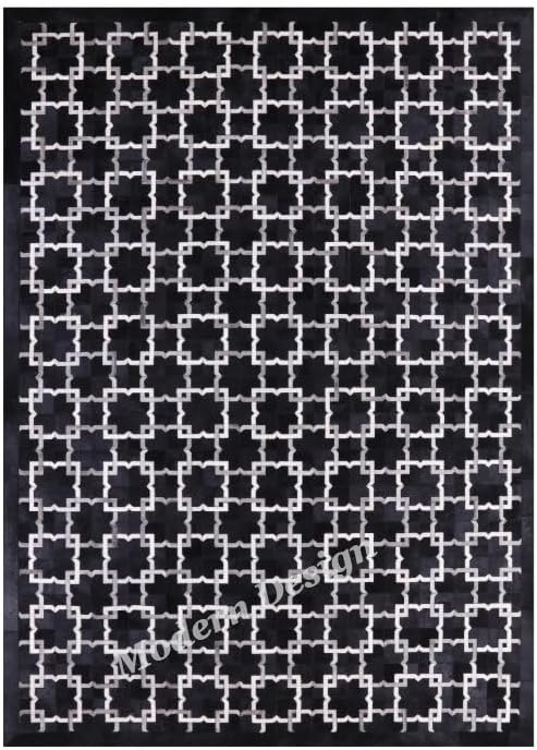 Modern Design Premium Cowhide Leather Carpet with Chevron Pattern, Area Rug (Black/Grey/White, 9'6"x14'0)
