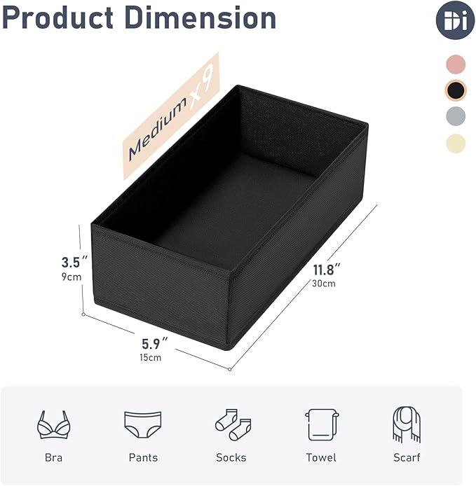 DIMJ Drawer Organizer Clothes - Underwear Organizer Sock Closet Organizers and Storage Box Dresser Organizer, Drawer Dividers for Baby Clothes, Bra, Socks, Belt, Tie, Set of 9, Black