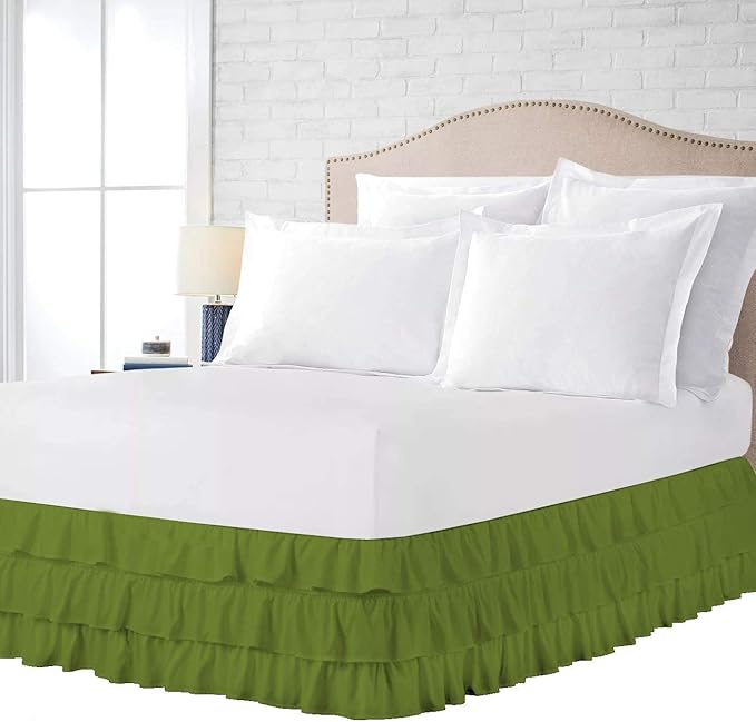 Multi-Ruffle Bed Skirt, Soft Multi Ruffle Bed Skirt Elastic Dust Ruffles with Wrap Around Bed Skirt Easy Fit with 18 Inch Drop 100% Cotton 800 Thread Count Bed Skirt (Short Queen, Olive)