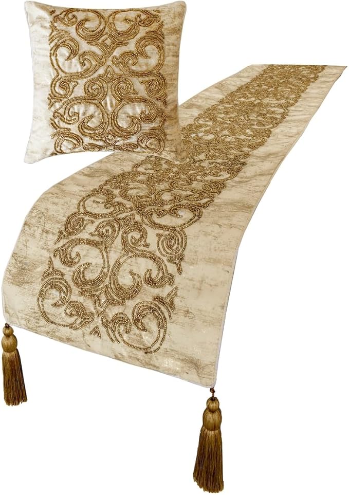 The HomeCentric King/Queen/Twin Gold Designer Full 68"x18" Bed Runner with Pillow Cover, Foil & Hand Beaded Embroidery Bed Scarf on Jacquard Fabric - Ornamento Oro