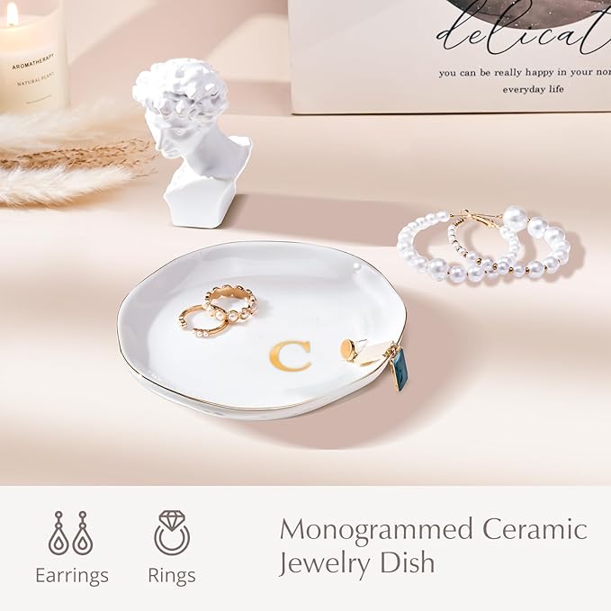 ProCase Ceramic Jewelry Tray, Initial Ring Dish Trinket Plate Engagement Gift, Small Personalized Monogram Ring Bowl for Wedding, White Decorative Jewelry Holder for Women Vanity -Letter C
