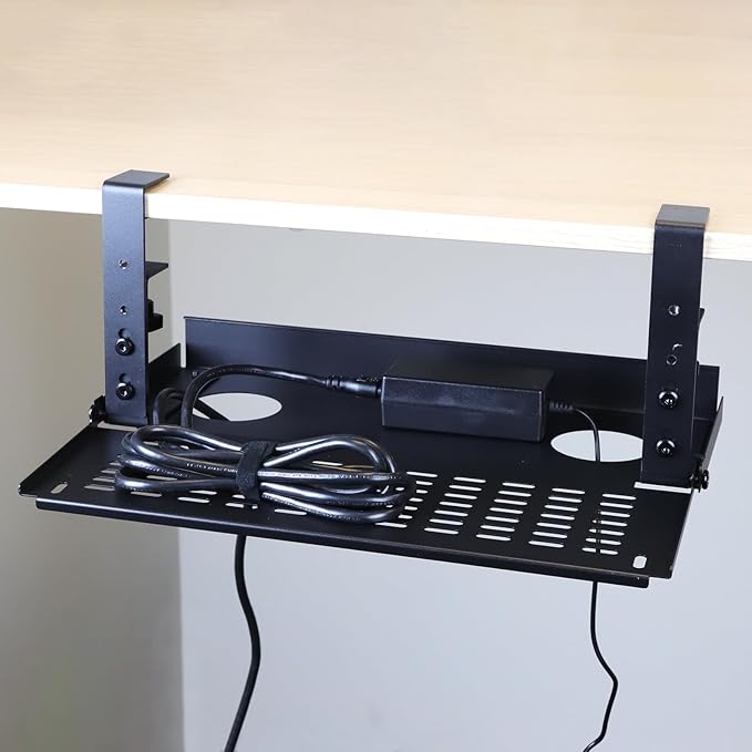 AEONS Universal Under Desk Cable Management Tray-Clamp Mount Hinged Swing Modesty Panel Organizer for Office Desks, Easy Access Flip-Down Position Power Strip Cord Storage No-Drill, 25 lb Capacity