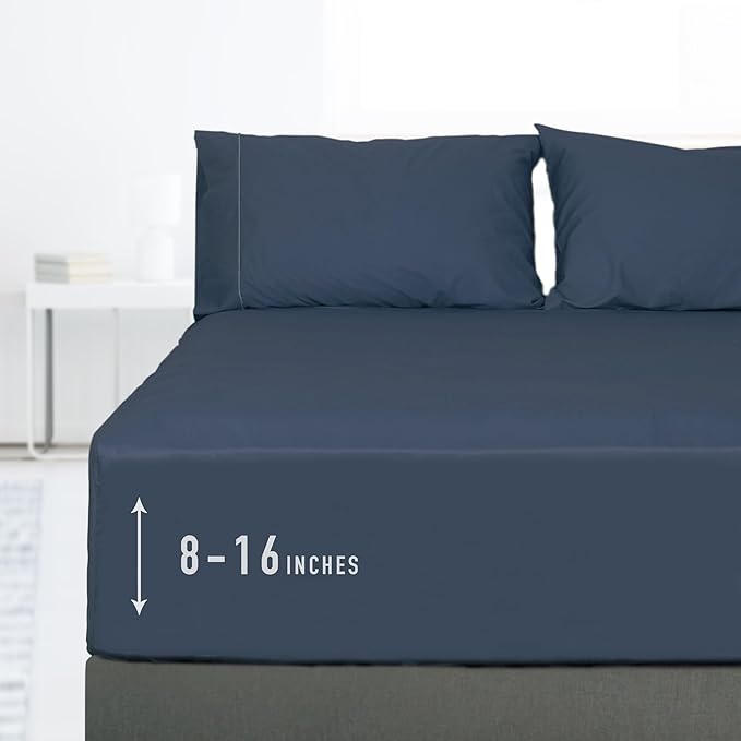 Sunflower Twin Fitted Sheet, 1-Piece Deep Pocket Fitted Bottom Sheet 15", 100% Cotton Sateen Soft Breathable, Blue Indigo