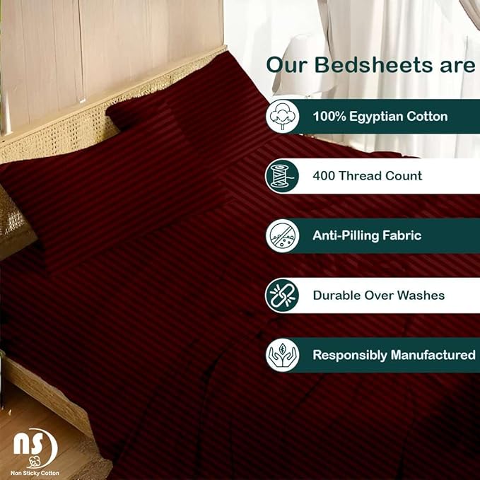 NON Sticky cotton Twin Size Sleeper Sofa Sheets, 4 Piece Egyptian Cotton Bed Sheet Set for Sofa Bed, 8" Deep Pocket for Pull Out Couch Mattress, 39" x 75", Burgundy Stripe, Soft & Breathable