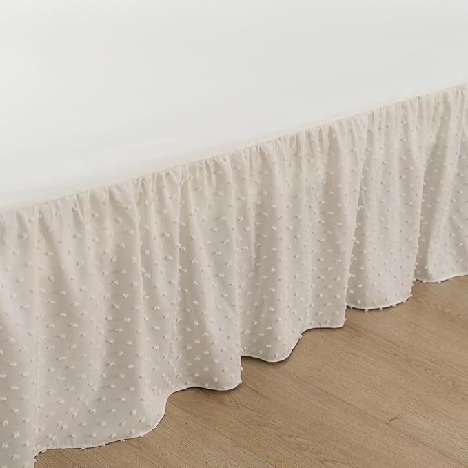 Tufted Dot Bed Skirt King Size Ruffled Bed Skirt with Split Corners, 12 Inch Drop Dust Ruffle Bed Skirts with Platform, Ivory