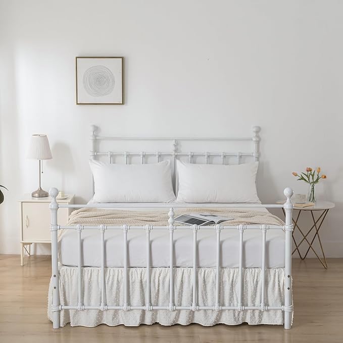 Tufted Dot Bed Skirt King Size Ruffled Bed Skirt with Split Corners, 12 Inch Drop Dust Ruffle Bed Skirts with Platform, Ivory