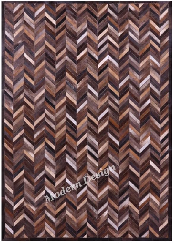 Modern Design Premium Cowhide Leather Carpet with Chevron Pattern, Area Rug (Natural Multi Brown, 5x8)