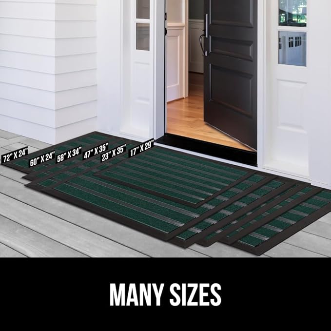 GORILLA GRIP 100% Waterproof All-Season WeatherMax Doormat US Designed Natural Rubber, Stain and Fade Resistant, Low Profile Indoor Outdoor Door Mats, Easy Clean Patio Mat, 17x29, Green Stripe