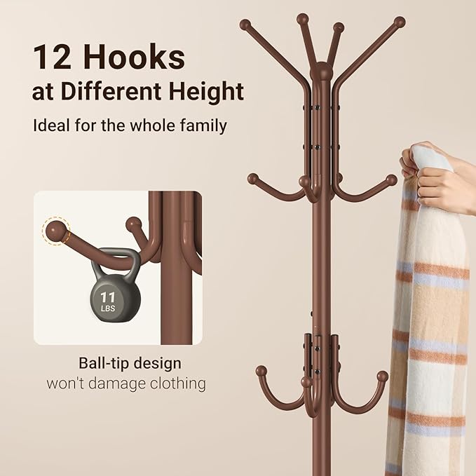 ELYKEN Coat Rack Freestanding, Metal Coat Rack Stand with Umbrella Holder, Modern Coat Tree with 12 Hooks, Floor Standing Corner Hall Tree for Entryway Living Room Bedroom Office, Brown