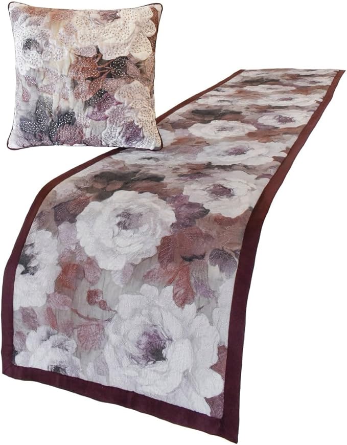 The HomeCentric King/Queen/Twin Purple Decorative King 90"x18" Bed Runner with One Pillow Cover, Floral, Roses, Bead Embroidery & Handmade Bed Scarf on Jacquard Fabric - Wood Rose