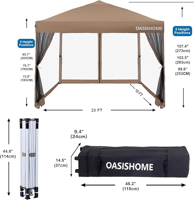 OASISHOME 10'x10' Pop-Up Gazebo Canopy Tent with Netting Sidewall & Wheeled Bag,Weight Bag, Stakes, Ropes, Waterproof, UV Protection, Heavy-Duty Steel Frame for Backyard/Outdoor/Parties (Khaki,10x10)