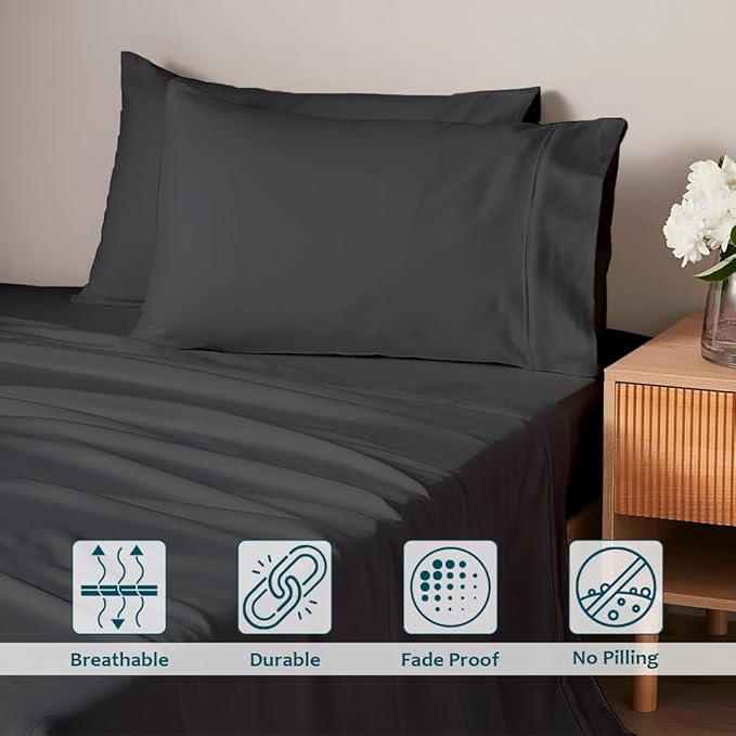 California King Sheet Set - Luxury 338 Thread Count 100% Egyptian Cotton Sateen, Deep Pocket Sheets with All Around Elastic for a, Hotel Quality Bedding Set (Dark Grey Solid)