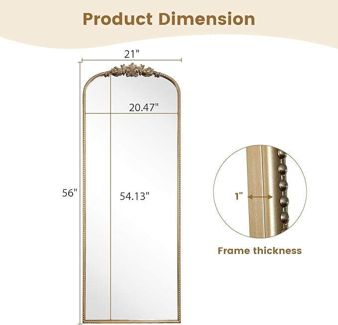 WallBeyond Arched Full Length Mirror Wall Mounted, 21x56 Inch Gold Antique Mirror, Vintage Metal Frame Full Body Mirro for Bedroom, Living Room, Hanging or Leaning