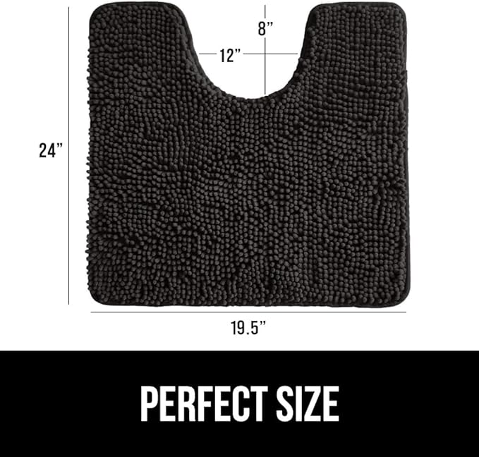 GORILLA GRIP Plush Absorbent Shaggy Chenille Bath Rug Mat for Oval Toilet Base with Rubber Backing, Machine Washable Rugs, Soft Microfiber Contour Mats for Toilets, Bathroom Decor, Black