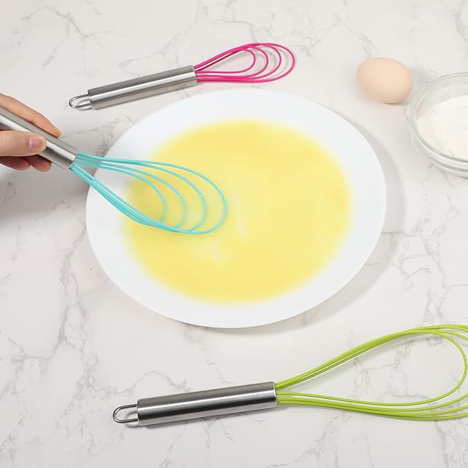 Webake Silicone Flat Whisk Set of 3, Heat Resistant Kitchen Whisks for Non-stick Cookware, Egg Beater Perfect for Blending, Whisking, Beating, Frothing & Stirring