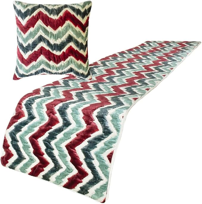 The HomeCentric King/Queen/Twin Red & Blue Designer CA King 86"x18" Bed Runner with One Pillow Cover, Chevron & Quilted Bed Scarf on Suede Fabric - Chevron Symphony