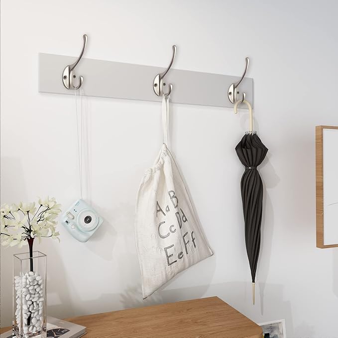 IBosins 30 Pack Heavy Duty Dual Coat Hooks Wall Mounted with 60 Screws Retro Double Hooks Utility Silvery Hooks for Coat, Scarf, Bag, Towel, Key, Cap, Cup, Hat