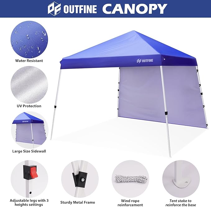 OUTFINE Canopy 10'X10' Slant Leg Pop Up Canopy, Outdoor Patio Portable Tent with Sidewall x1, Stakes x8, Ropes x4, 10x10 Base 8x8 Top