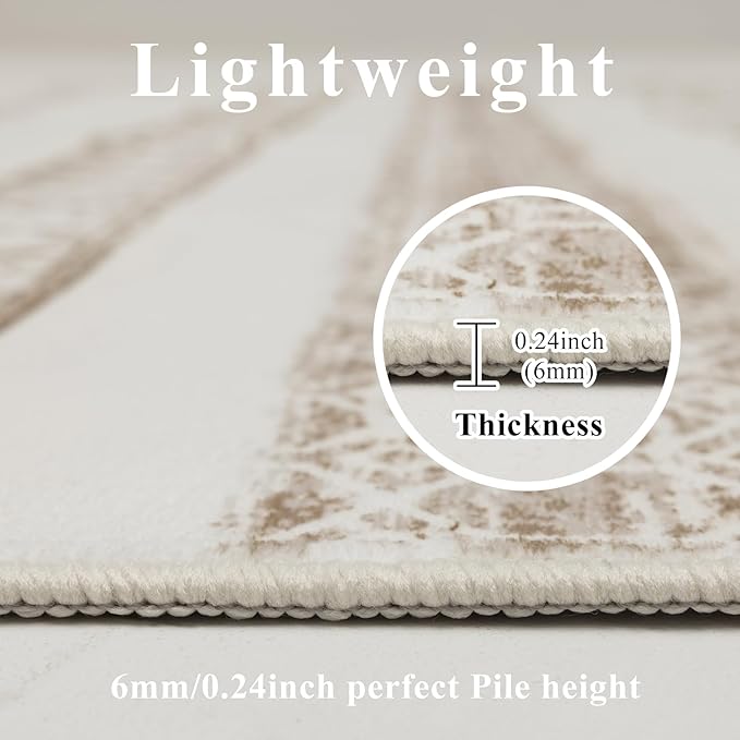 Washable Rugs 5x7 Area Rugs for Living Room, Thin Carpet for Bedroom, Boho Soft Faux Wool Retro Dining Room Rug，Non Slip&Non-Shedding Resistant Low Pile Vintage Print Rug for Home Office (Beige)
