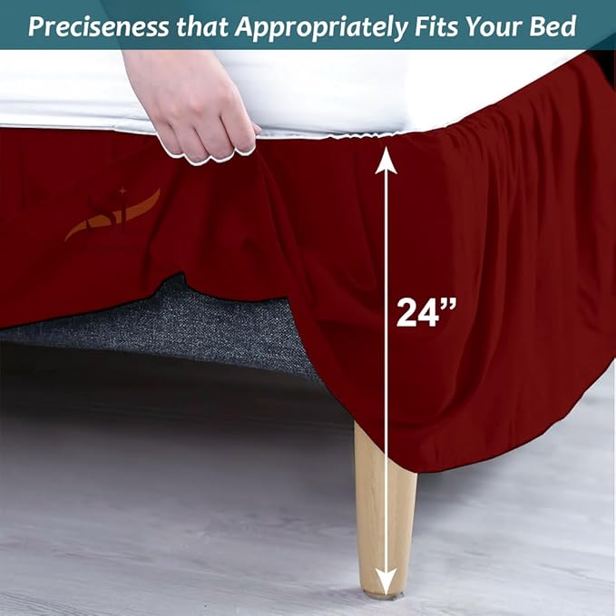 Shreem Linen Ruffled Bed Skirt with Split Corners, Gathered Style, 100% Microfiber, 24-Inch Drop, Dust Ruffle Bedskirt with Platform, Twin-XL, Burgundy