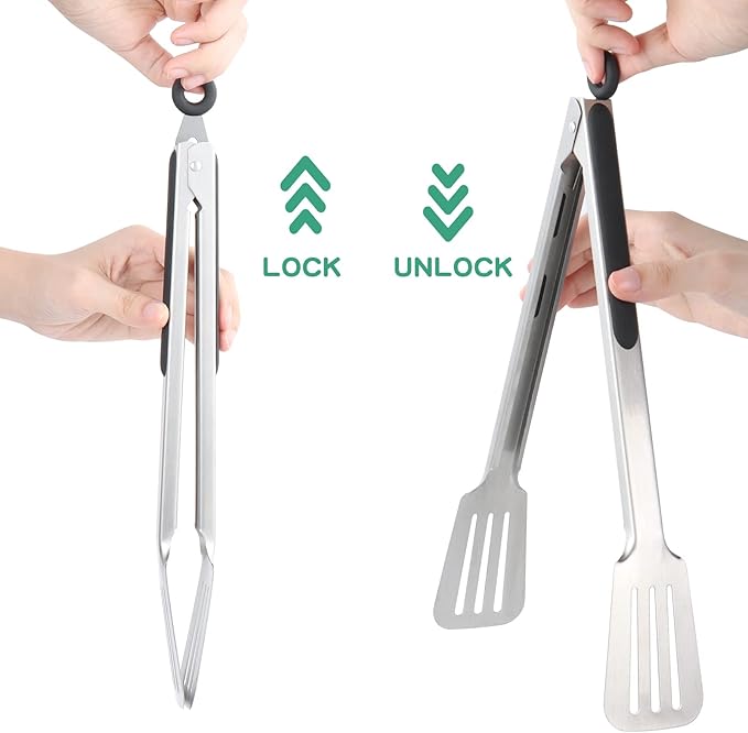 Lebabo Tongs for Cooking, Set of 2 Metal Spatula Tongs for Grilling, Black