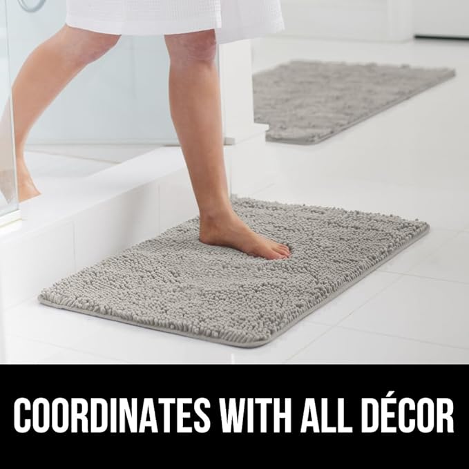 GORILLA GRIP Bath Rug Mat 48x17, Soft Absorbent Chenille, Quick Dry Microfiber Mats, Rubber Backing Washable Shower Floor Rugs, Bathmat Runner, US Designed Bathroom Home Decor Accessories Light Gray