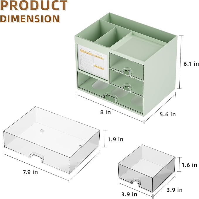 Marbrasse Desk Organizer with 3 Drawer, Multi-Functional Pencil Pen Holder for Desk, Desk Organizers and Accessories with 4 Compartments, Desktop Organizer Storage for Office Home Supplies (Green)