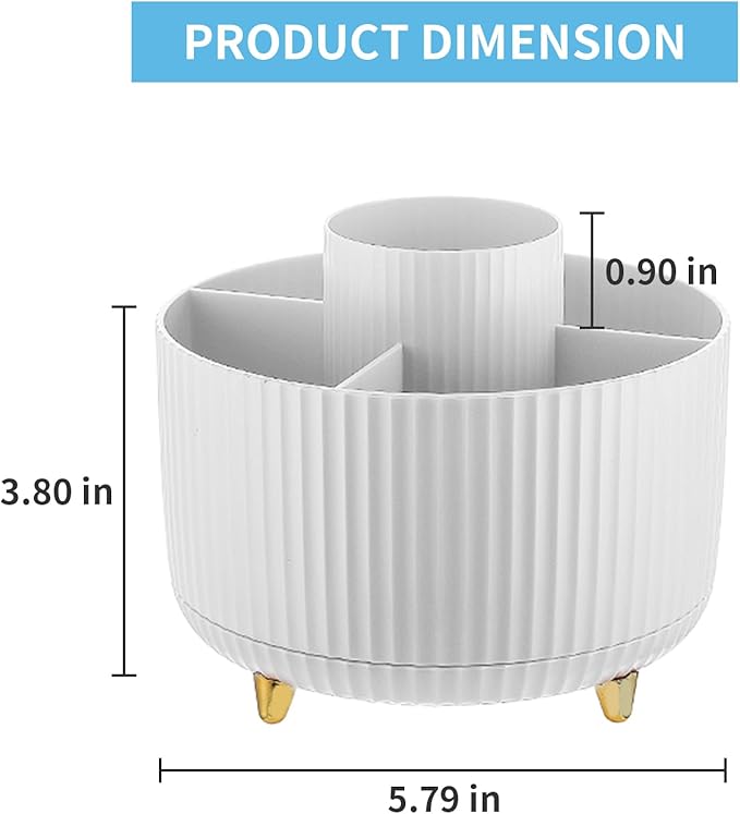 Marbrasse Desk Organizer, 360-Degree Rotating Pen Holder, Desk Organizers and Accessories with 5 Compartments Pencil Holder, Art Supply Storage Box Caddy for Office, Home（White）
