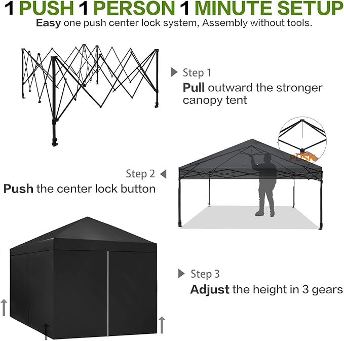 Tunbne 10X10 Comercial Pop Up Canopy Tent with 4 Sidewalls and 6 Pockets, One Push Setup Center Lock, for Beach Patio Outdoor, Case, 8 Stakes, 4 Ropes, 4 Sandbags (Pitch Black)