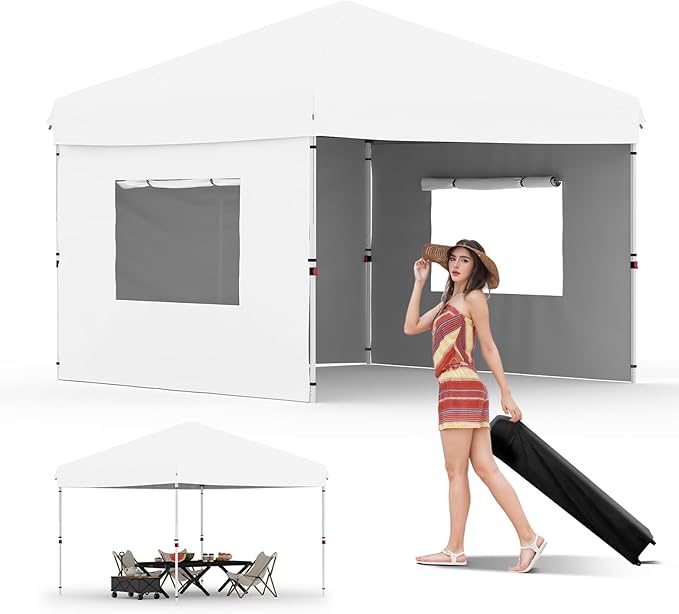 GarveeLife 10x10 Pop Up Canopy with 3 Sidewalls - Easy Up Camping Tent with One Button Push Setup - 1 Roller Bag, 3 Adjustable Height, 4 Weight Bags for Deck, Garden, Sports, Beach, Party - White