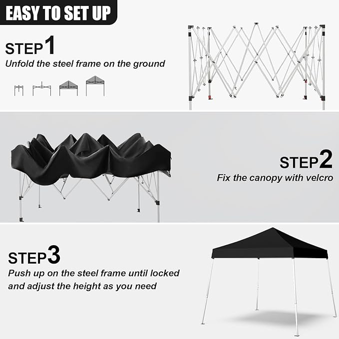 Pop-up Canopy Tent,Portable Outdoor Canopy for Parties Camping,Slant Legs Folding Tent,Sports Shelter,Beach Tent,Base 10x10 Top 8x8,3 Adjustable Height(Black)