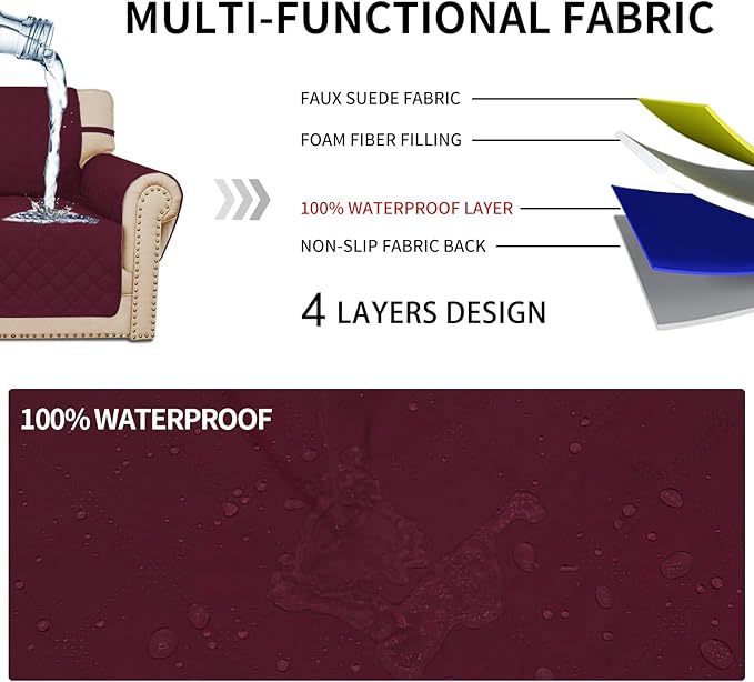 Easy-Going Waterproof Oversized Loveseat Covers Leakproof Couch Cover for 2 Cushion Couch Sofa Cover Washable Sofa Slipcover Non-Slip Furniture Protector with Pocket for Pets (Medium-XL, Wine)
