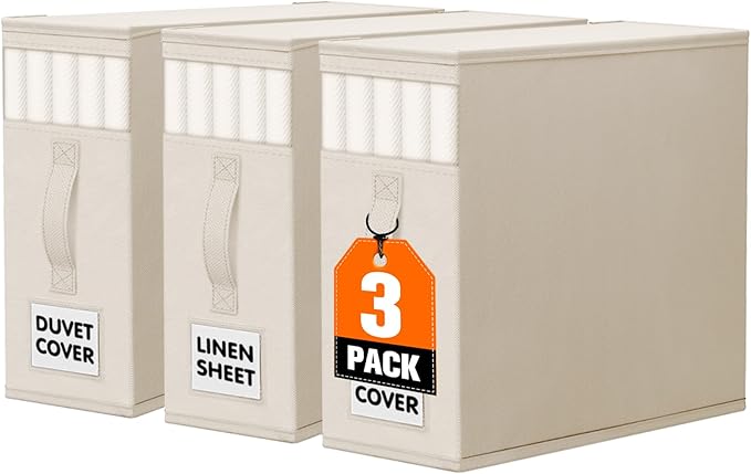 WOWBOX Sheet Organizers and Storage,Closet Bed Sheet Organizer Under Bed Storage and Organization with Label Cards & Clear Window for Bedding Sheets,Duvet Covers,Blankets (3 Pack，Beige)