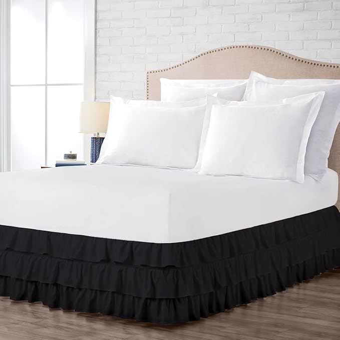 Multi-Ruffle Bed Skirt, Soft Multi Elastic Dust Ruffles with Wrap Around Bed Skirt Easy Fit with 18 Inch Drop 100% Cotton 800 Thread Count (Twin, Black)