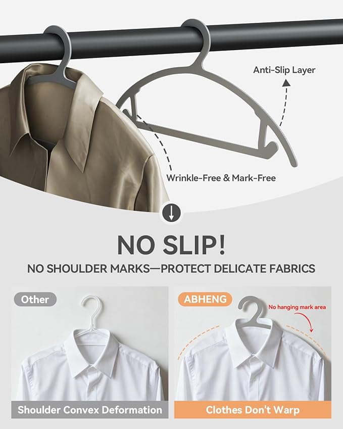ABHENG 30 Pack Clothes Hangers, Non Slip Heavy Duty Plastic Hangers, Space Saving All-in-One Garment Hangers for Dresses Suits Jeans Knits, Hold Up to 11 LB Dry & Wet, 16.4" x 8.3", Gray, UAPY0830G