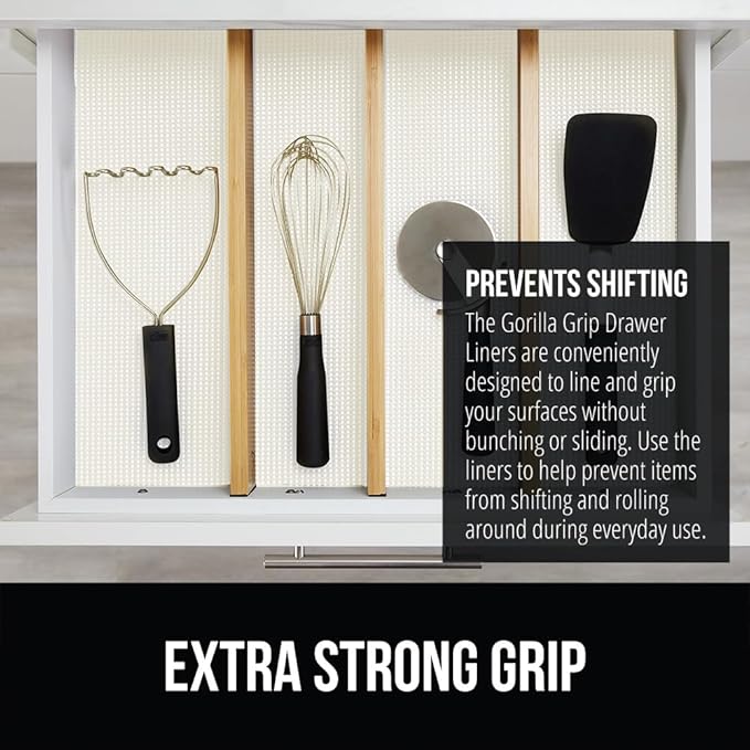 GORILLA GRIP powerGRIP Drawer Shelf and Cabinet Liner, Thick Strong Hold, Non-Adhesive Liners Protect Kitchen Cabinets and Cupboard, Bathroom Drawers, Easy Install, Breathable Mat, 24" x20' Snow White
