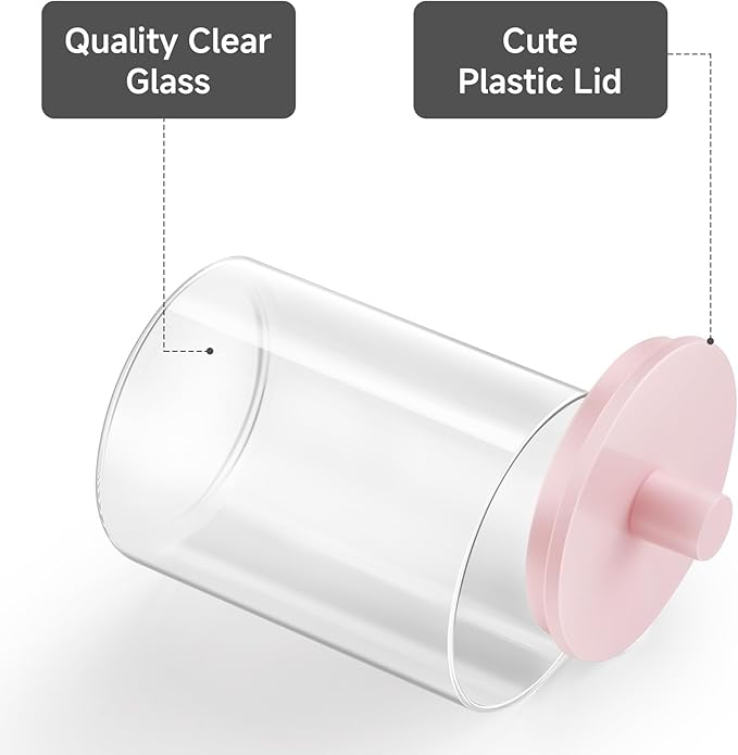 TIPGO Glass Qtip Holder Dispenser for Bathroom - 10 oz Clear Canister Apothecary Jar for Cotton Swabs, Balls, Pads, Floss Picks, Small Containers for Makeup Storage Organizer (2 Pack, Pink)