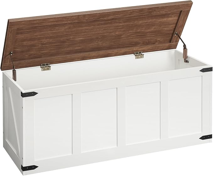 HOOBRO Storage Bench, 47.2”Toy Box Organizer with Safety Hinges, Farmhouse Wooden Storage Chest, for Hallway, Bedroom, Living Room, White and Walnut WH520CW01