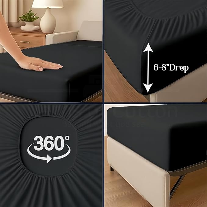 Sleeper Sofa 4 Piece Bed Sheet Set Premium Quality 100% Cotton 500 Thread Count, Smooth & Super Soft Sateen Weave, Extra Soft Bed Sheets, Wrinkle Free, 4 Inch Deep Pocket (Twin, Black)