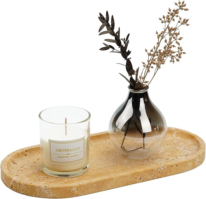 Koville Turkish Natural Travertine Decorative Marble Tray - 12"x6" Wabi Sabi Home Countertop Organizer, Catchall Tray for Perfume, Candles, Jewelry