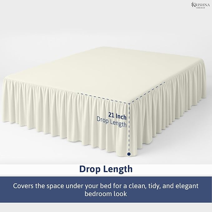 KRISHNA Ruffled Bed Skirt with Split Corners Queen, 100% Microfiber Hotel Quality, 21 Inch Drop Dust Ruffle Gathered Bedskirt with Platform, 60" x 80", Ivory