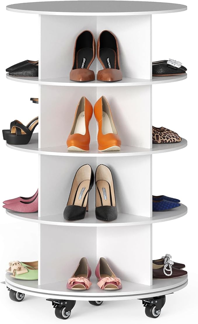 SpaceAid Spinning Shoe Rack with Wheels, 4 Tier Rotating Organizer Shoe Tower Lazy Susan with Thick Bottom, 360 Display Revolving Storage Shelf, Round Circular Rotate Organization, White