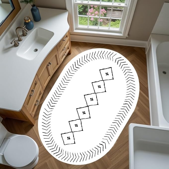 Simple Black and White Geometric Texture Bordered Area Rug 10x14 for Living Room Bedroom Dining Room Soft Washable Anti Slip Floor Mats Doormat Modern Minimalist Large Carpet Cozy Indoor Oval Rugs