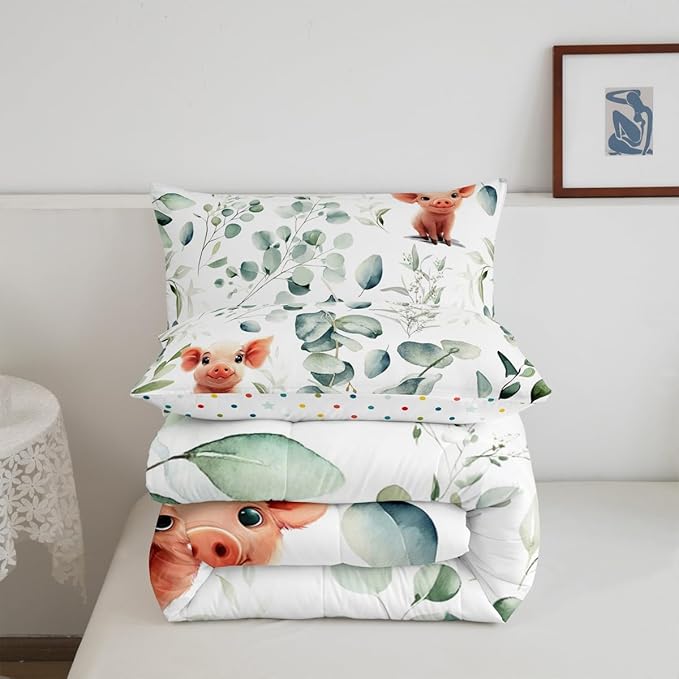 Erosebridal Kawaii Pig King Bedding Sets for Boys Girls Cartoon Animal Comforter Set, Eucalyptus Leaves Duvet Insert Farm Wildlife Down Comforter, Tropical Botanical Plants Bedding Comforter Sets