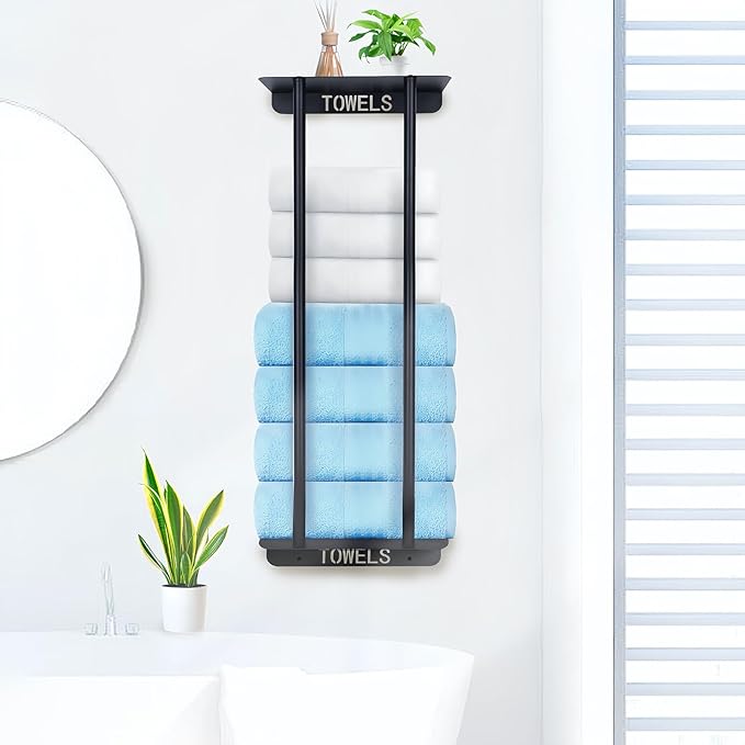 Bathroom Towel Storage Rack,30 Inch Towel Racks for Bathroom Wall Mounted with Shelf Can Holds 8 Large Towels, Metal Wall Towel Rack for Rolled Towels,Folded Towels (Black)