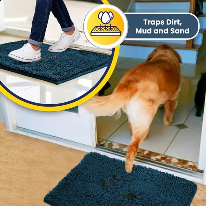 Muddy Mat® Original Dog Door Mat for Muddy Paws, Super Absorbent Microfiber, Non-Slip Washable Pet Rug, Quick Dry Chenille Entryway Carpet, Machine Washable Indoor Outdoor mat, Atlantic Blue 24"x72"