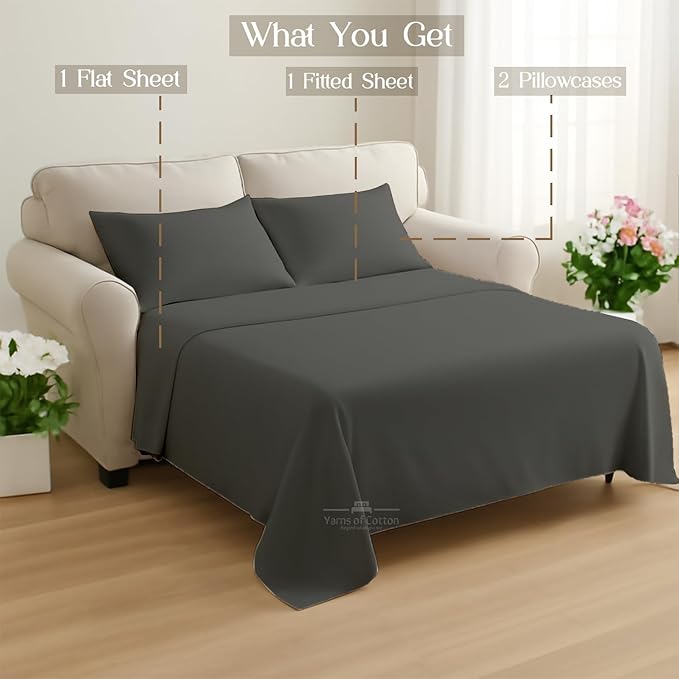 Sleeper Sofa 4 Piece Bed Sheet Set Premium Quality 100% Cotton 500 Thread Count, Smooth & Super Soft Sateen Weave, Extra Soft Bed Sheets, Wrinkle Free, 6 Inch Deep Pocket (Full, Dark Grey)