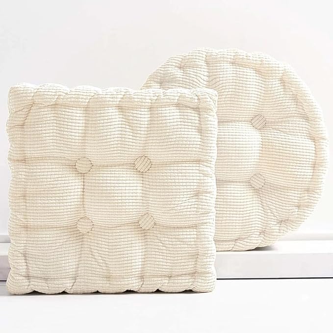 Meditation Floor Pillow Set of 2 Large Square and Round Floor Cushions for Adults Ivory Corduroy Floor Seat Pillows Cushion for Living Room Balcony Tatami Yoga,18x18 Inch