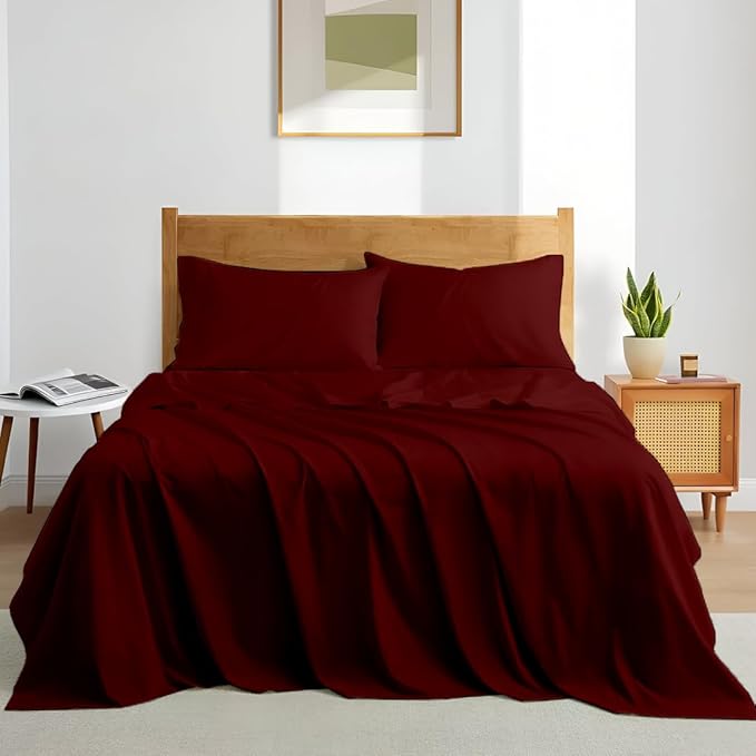 Deep Pocket King Sheets Set - Luxury 338 Thread Count Sateen, 100% Cotton Sheets with All Around Elastic for a, Hotel Quality Bedding Set (Burgundy Solid)